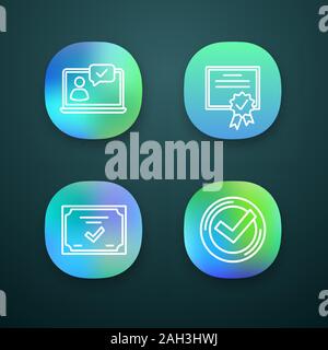 Approve app icons set. Verification and validation. Chat approved, certificate, check mark. UI/UX user interface. Web or mobile applications. Vector i Stock Vector