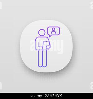 Online job interview app icon. UI/UX user interface. HR manager reading resume. Person holding tablet pc or clipboard. Web or mobile application. Vect Stock Vector