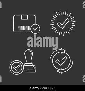 Approve chalk icons set. Verification and validation. Approved delivery, check mark, stamp of approval, checking process. Isolated vector chalkboard i Stock Vector