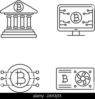 Bitcoin cryptocurrency linear icons set. Online banking, bitcoin official web page, graphic card, CPU mining. Thin line contour symbols. Isolated vect Stock Vector