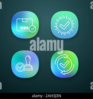 Approve app icons set. Verification and validation. Approved delivery, check mark, stamp of approval, checking process. UI/UX user interface. Web or m Stock Vector