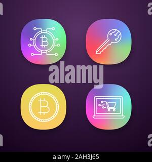 Bitcoin cryptocurrency app icons set. UI/UX user interface. Digital key, bitcoin with microchip pathway, coin, online shopping. Web or mobile applicat Stock Vector