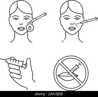 Neurotoxin injection linear icons set. Lips injection prohibition, area disinfection, nasolabial folds injecting. Thin line contour symbols. Isolated Stock Vector