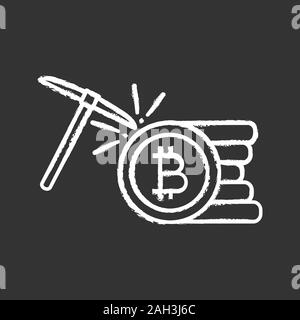 Cryptocurrency mining service chalk icon. Bitcoin crypto mining. Cryptocurrency business. Bitcoin coins stack with pickaxe. Isolated vector chalkboard Stock Vector