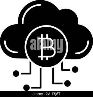 Cryptocurrency cloud mining service glyph icon. Bitcoin crypto mining. Cryptocurrency business. Cloud with bitcoin. Silhouette symbol. Negative space. Stock Vector