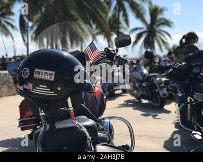 Miami Beach, USA - NOV 16 2017: Screw It, Let's ride helmet sticker on a Harley Davidson bikers meeting day Stock Photo