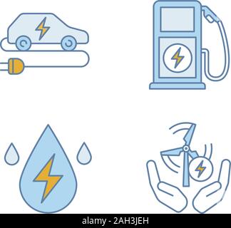 Electric energy color icons set. Alternative energetic resources. Eco car, water and wind energy, electric vehicle charging station. Isolated vector i Stock Vector