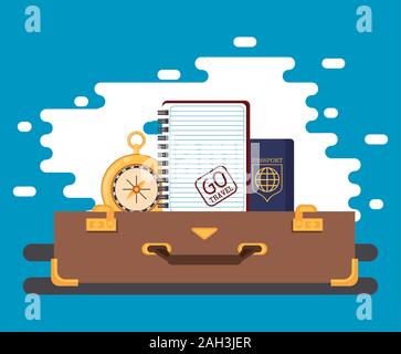 world travel scene with suitcase and set icons Stock Vector