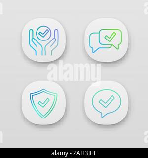 Approve app icons set. Verification and validation. Quality service, approved chat, confirmation dialog, shield with check mark. UI/UX user interface. Stock Vector