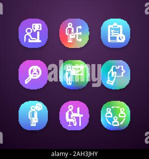 Business management app icons set. UI/UX interface. Technical chat, employee skills, task planning, staff searching, presentation, solution, manager, Stock Vector
