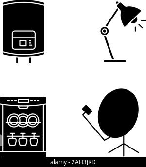 Household appliance glyph icons set. Electric water heater, table lamp, dishwasher, satellite dish. Silhouette symbols. Vector isolated illustration Stock Vector