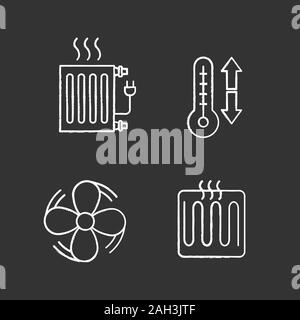 Air conditioning chalk icons set. Electric radiator, climate control, exhaust fan, heating element. Isolated vector chalkboard illustrations Stock Vector