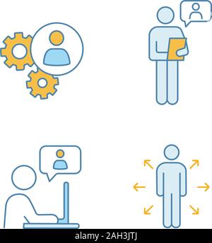 Business management color icons set. Teamwork, online job interview, chatting, decision management. Isolated vector illustrations Stock Vector