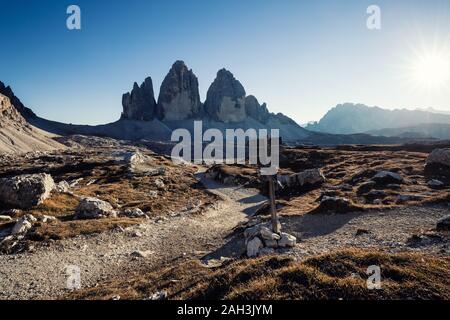 The iconic Tre Cime in Italian Dolomites on sunny summer day. Stock Photo