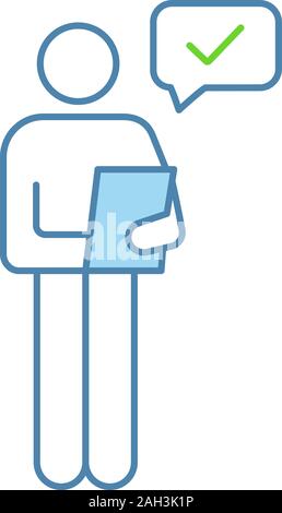 Person checking document color icon. Manager. Good news or results. Personal recommendation. HR manager reading resume. Successfully tested. Isolated Stock Vector