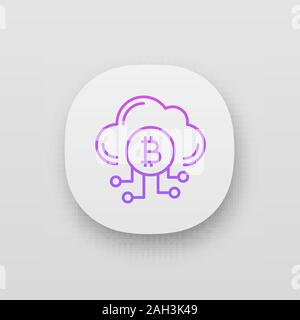 Cryptocurrency cloud mining service app icon. UI/UX user interface. Bitcoin crypto mining. Cryptocurrency business. Cloud with bitcoin. Contour symbol Stock Vector