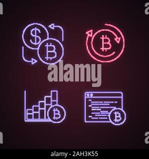Bitcoin cryptocurrency neon light icons set. Currency exchange, bitcoin refund, market growth chart, mining software. Glowing signs. Vector isolated i Stock Vector