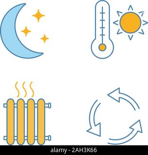 Air conditioning color icons set. Night climate, summer temperature, radiator, ventilation. Isolated vector illustrations Stock Vector