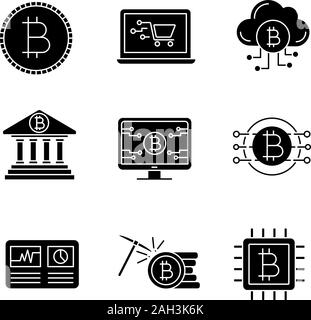 Bitcoin cryptocurrency glyph icons set. Coin, online shopping, cloud mining, banking, bitcoin webpage, hashrate, CPU mining, cryptocurrency. Silhouett Stock Vector