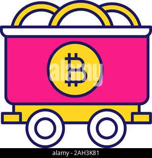 Bitcoin mining business color icon. Mine cart with bitcoin coins. Cryptocurrency. Isolated vector illustration Stock Vector