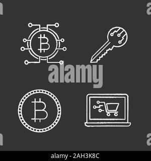 Bitcoin cryptocurrency chalk icons set. Digital key, bitcoin with microchip pathway, coin, online shopping. Isolated vector chalkboard illustrations Stock Vector