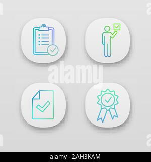 Approve app icons set. Verification and validation. Task planning, voter, document verification, award medal. UI/UX user interface. Web or mobile appl Stock Vector