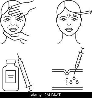 Botox injection linear icons set. Anesthetic cream, before and after ...