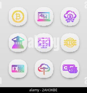 Bitcoin cryptocurrency app icons set. UI/UX user interface. Coin, online shopping, cloud mining, banking, bitcoin webpage, graphic card, CPU mining, c Stock Vector