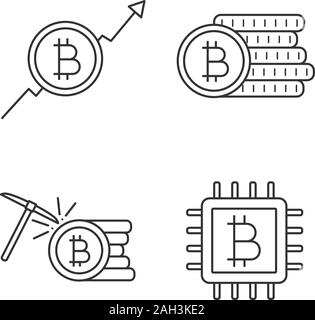 Bitcoin cryptocurrency linear icons set. Market growth chart, bitcoin coins stack, mining, microchip. Thin line contour symbols. Isolated vector outli Stock Vector