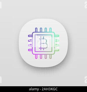 CPU mining app icon. Cryptocurrency mining hardware. Bitcoin sign inside microchip. UI/UX user interface. Digital money. Web or mobile application. Ve Stock Vector