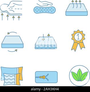 Mattress color icons set. Orthopedic, latex, breathable, dual season, ecological mattress with removable cover, pillows and award medal. Isolated vect Stock Vector