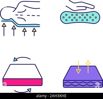 Orthopedic mattress color icons set. Back support, latex material, dual season mattress, breathable cover. Isolated vector illustrations Stock Vector