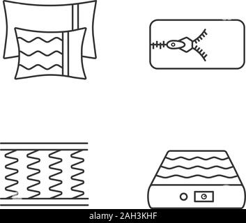 Orthopedic mattress linear icons set. Pillows, removable cover, spring and air mattresses. Thin line contour symbols. Isolated vector outline illustra Stock Vector