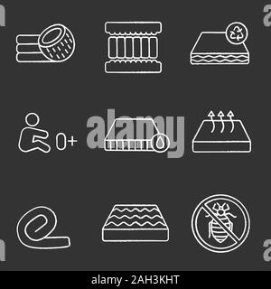 Mattress chalk icons set. Coconut fiber, antiallergic, waterproof, orthopedic, recyclable, springless roll up, breathable, mattresses allowed for newb Stock Vector