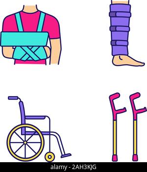 Trauma treatment color icons set. Shoulder immobilizer, shin brace, wheelchair, elbow crutches. Isolated vector illustrations Stock Vector