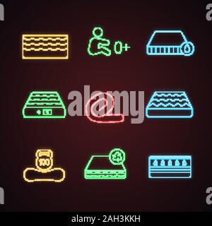 Mattress neon light icons set. Memory foam, waterproof, air, springless roll up, orthopedic, water mattresses with weight limit up to 100 kg for newbo Stock Vector