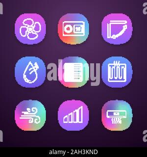Air conditioning app icons set. UI/UX user interface. Exhaust fan, thermostat, louvers, humidification, floor heating, heater, airflow, power level, a Stock Vector