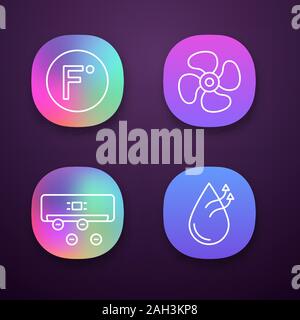 Air conditioning app icons set. Fahrenheit degrees, exhaust fan, ionizer, air humidification. UI/UX user interface. Web or mobile applications. Vector Stock Vector