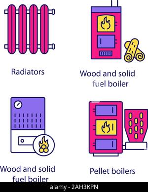 Heating color icons set. Radiator, firewood and pellet boiler, solid fuel heater. Isolated vector illustrations Stock Vector