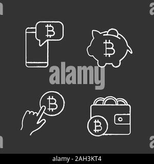 Bitcoin cryptocurrency chalk icons set. Bitcoin chat, piggy bank, cryptocurrency payment click, digital wallet. Isolated vector chalkboard illustratio Stock Vector