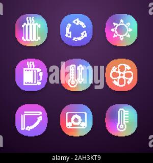Air conditioning app icons set. Radiators, ventilation, sun, climate control, exhaust fan, conditioner louver, thermostat, thermometer. Web or mobile Stock Vector