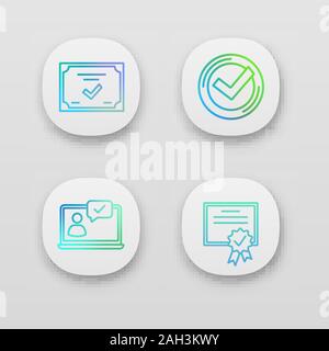 Approve app icons set. Verification and validation. Chat approved, certificate, check mark. UI/UX user interface. Web or mobile applications. Vector i Stock Vector