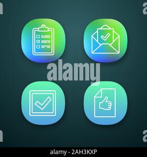 Approve app icons set. Verification and validation. Task planning, email confirmation, checkbox, approval document. UI/UX user interface. Web or mobil Stock Vector