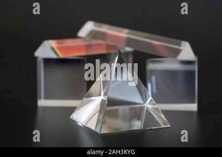 Sample of optical glass cube,  pyramid and prism Stock Photo