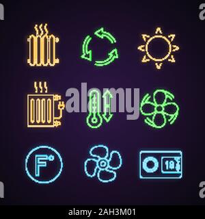 Air conditioning neon light icons set. Radiators, ventilation, sun, climate control, exhaust fan, Fahrenheit, ventilator, digital thermostat. Glowing Stock Vector