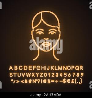 Woman face neon light icon. Young and healthy skin. Lady. User profile. Woman avatar. Glowing sign with alphabet, numbers and symbols. Vector isolated Stock Vector
