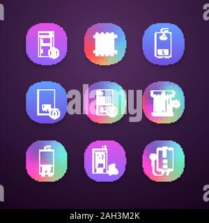 Heating app icons set. UI/UX interface. Boilers, radiators, water heaters. Gas, electric, solid fuel, pellet, boilers. Commercial, industrial and dome Stock Vector