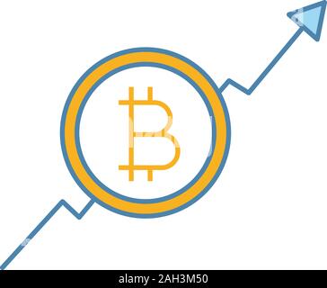 Bitcoin market growth chart color icon. Cryptocurrency prices rising. Statistics diagram with bitcoin sign. Isolated vector illustration Stock Vector