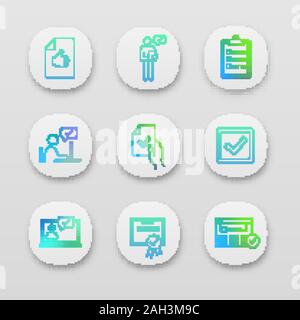Approve app icons set. Approval document, checking, checklist, approval chat, contract signing, checkbox, chatbot, certificate, approved website. UI/U Stock Vector