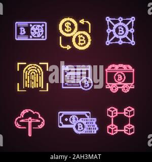 Bitcoin cryptocurrency neon light icons set. Graphic card, bitcoin exchange, mining software, fingerprint scan, mine cart, cloud mining, money, blockc Stock Vector